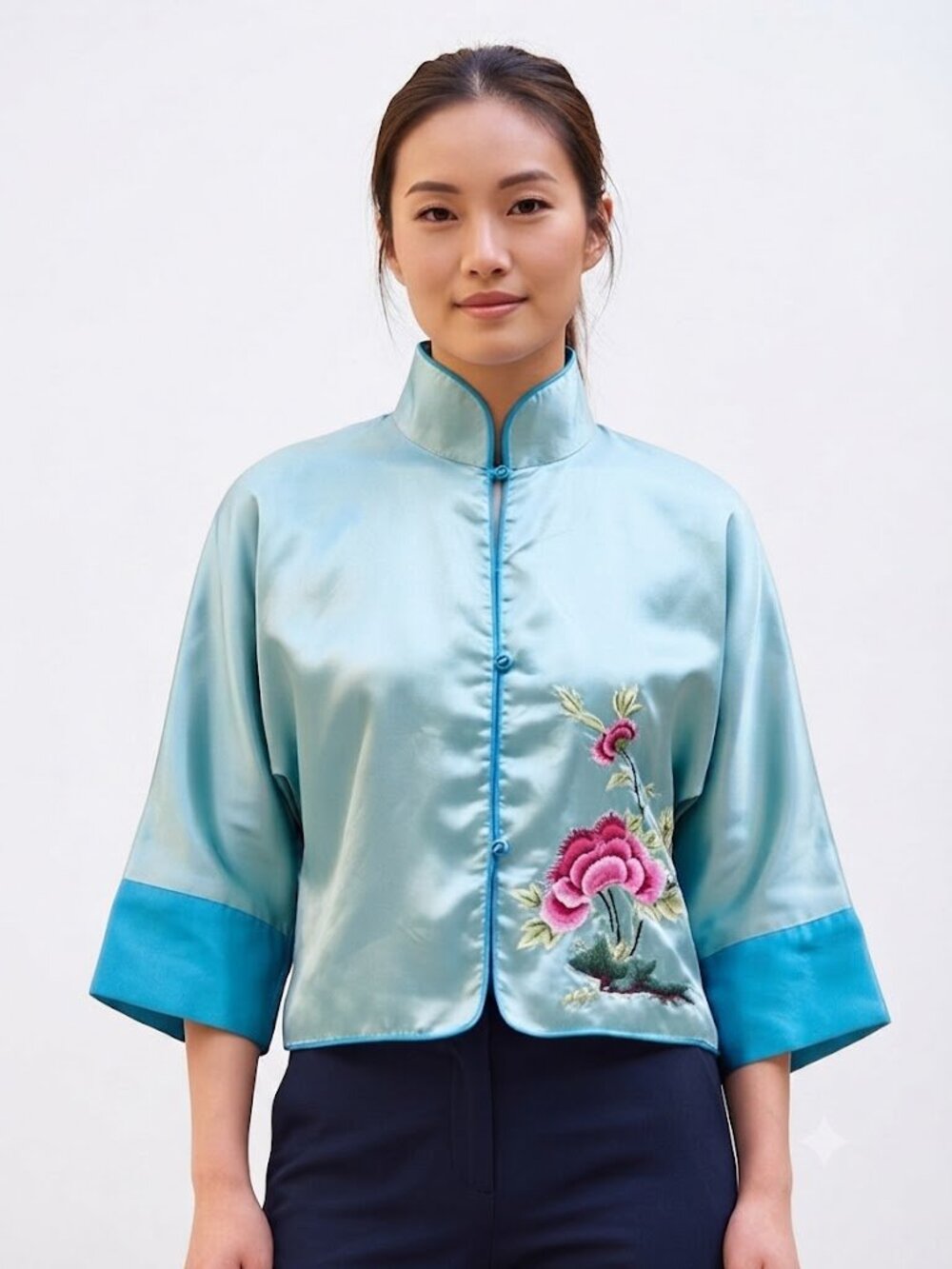 Yifel Vintage Top Asian Inspired Embroidered Satin Blue Bohemian Style Profile S